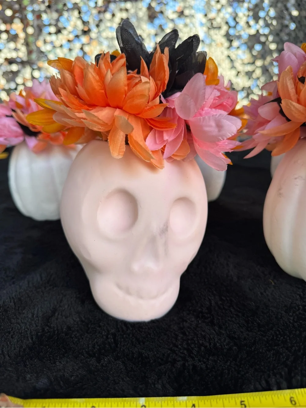Set of 10 Faux Floral Pumpkin & Skull Centerpieces in Pink, Orange and Black